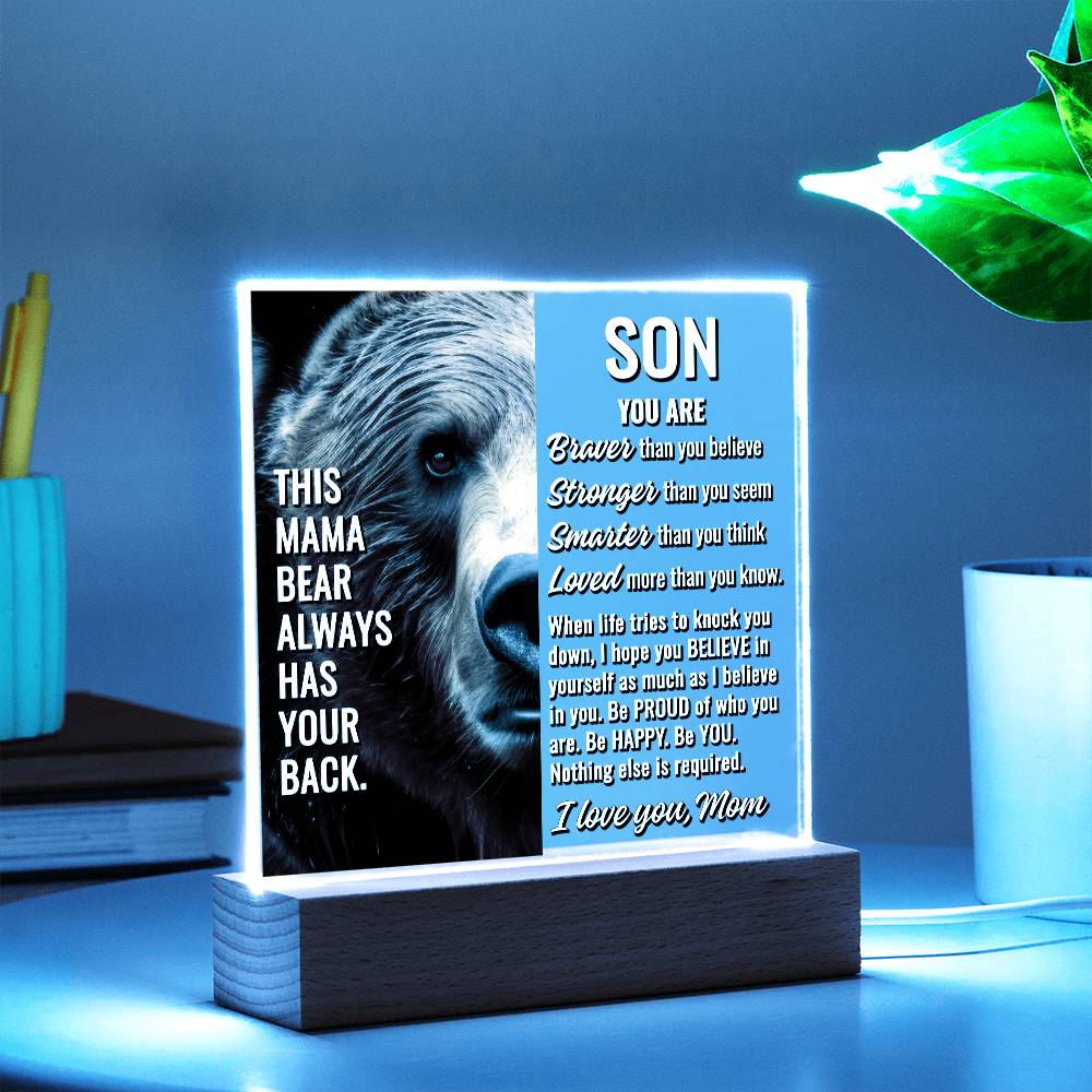 To Son From Mom "This mama bear..." Acrylic Plaque With Lighted Base