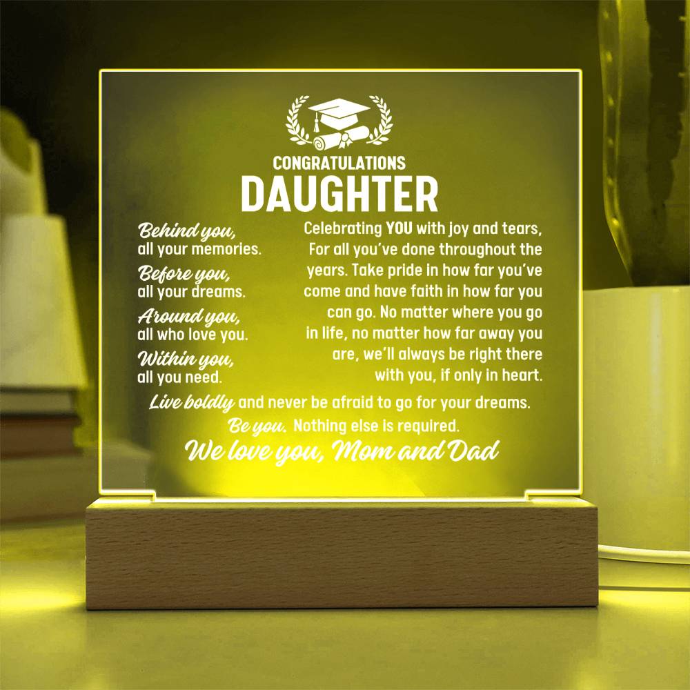 Daughter Graduation Gift From Mom and Dad,  Acrylic Plaque With Lighted Base