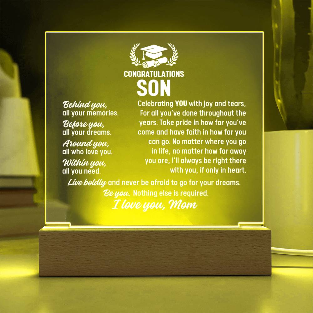 Son Graduation Gift From Mom,  Acrylic Plaque With Lighted Base