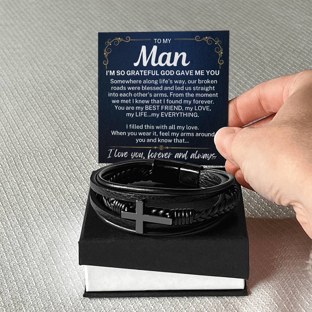 To My Man "I'm so grateful..." Men's Cross Leather Bracelet
