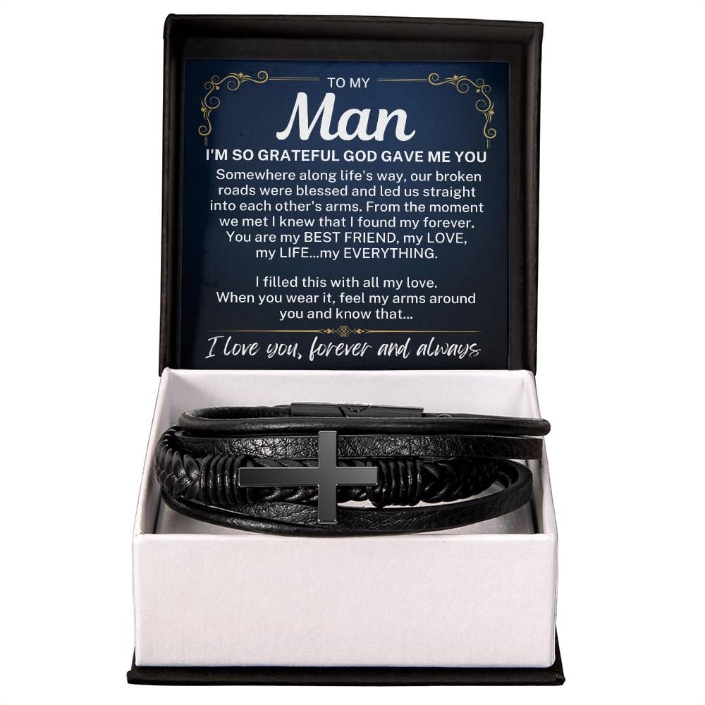 To My Man "I'm so grateful..." Men's Cross Leather Bracelet