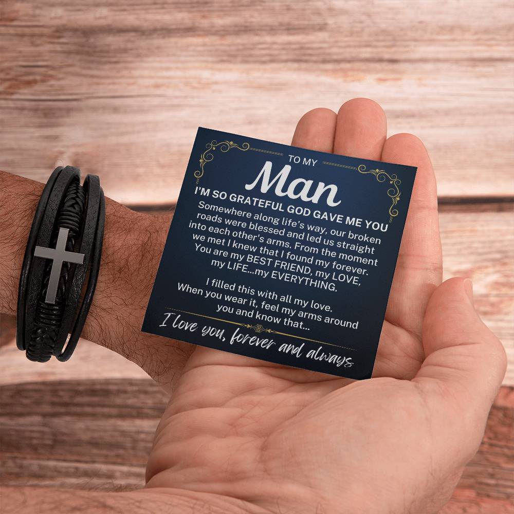 To My Man "I'm so grateful..." Men's Cross Leather Bracelet