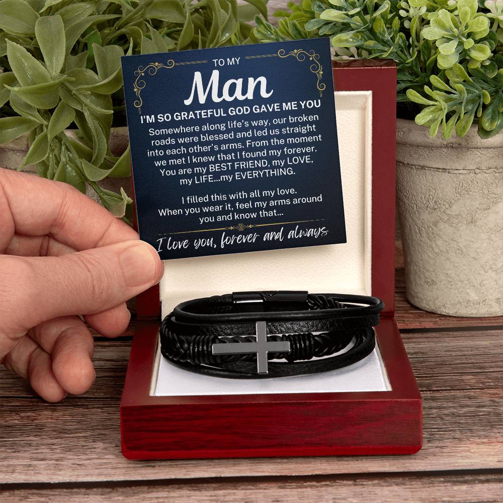 To My Man "I'm so grateful..." Men's Cross Leather Bracelet