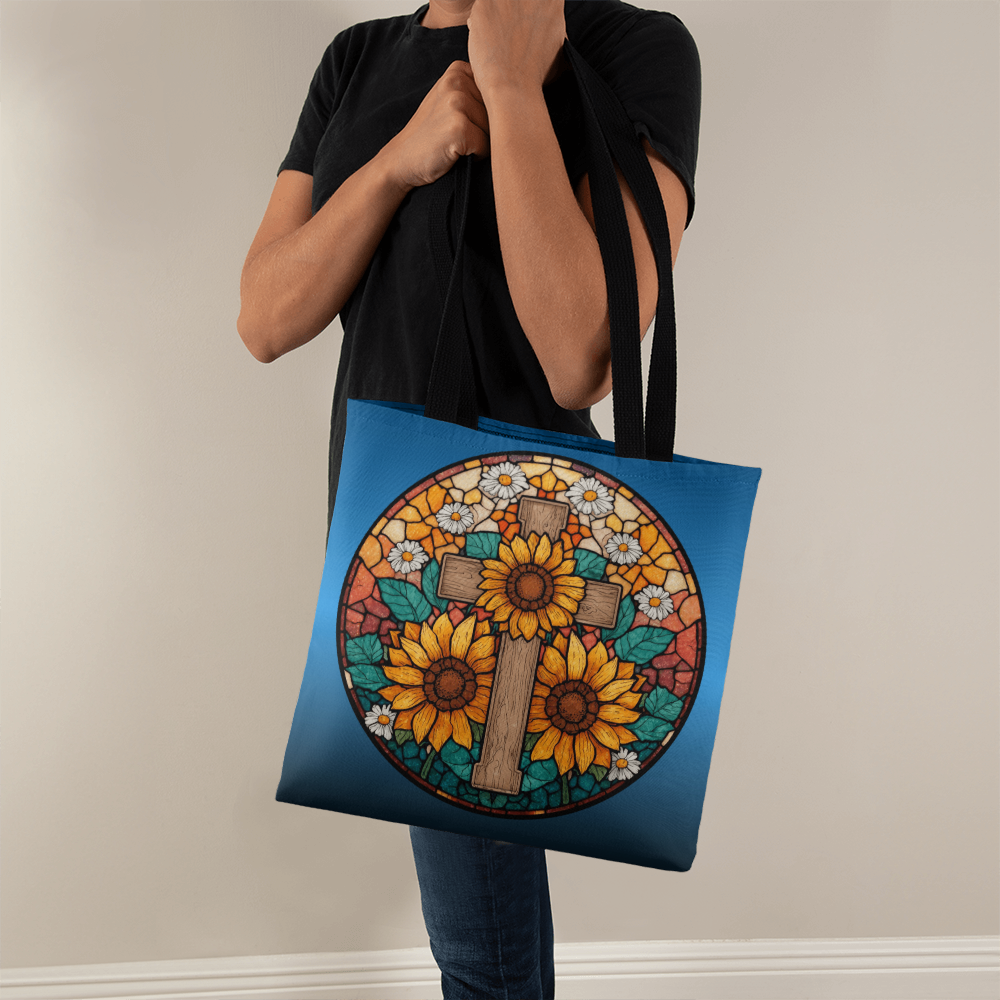 Sunflower Cross Stained Glass Designer Tote Bag 16" or 18"