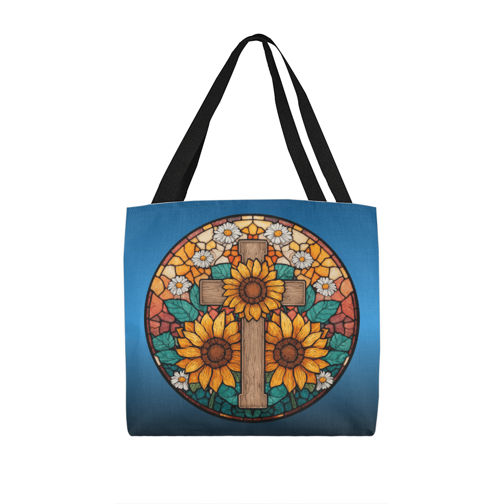 Sunflower Cross Stained Glass Designer Tote Bag 16" or 18"