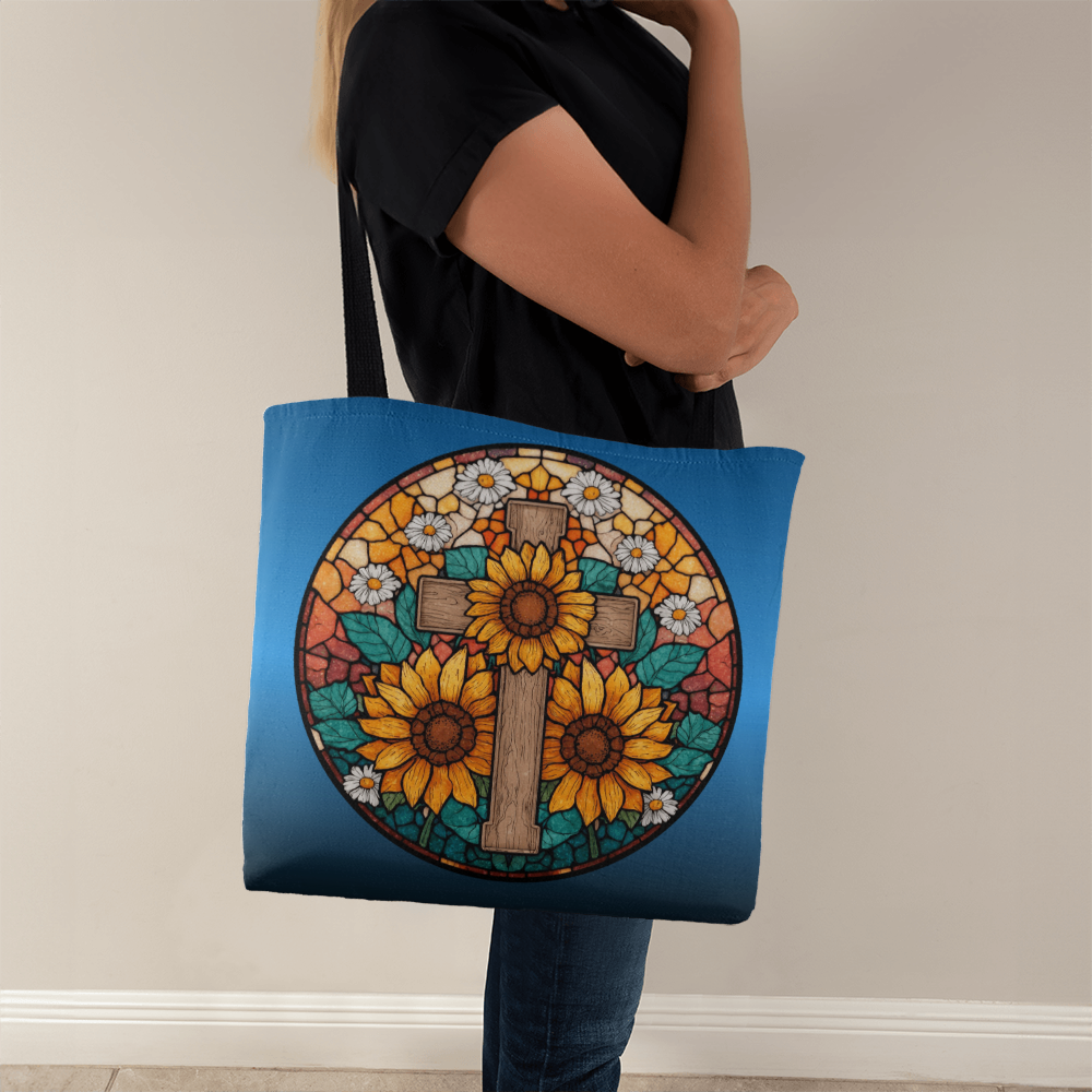 Sunflower Cross Stained Glass Designer Tote Bag 16" or 18"