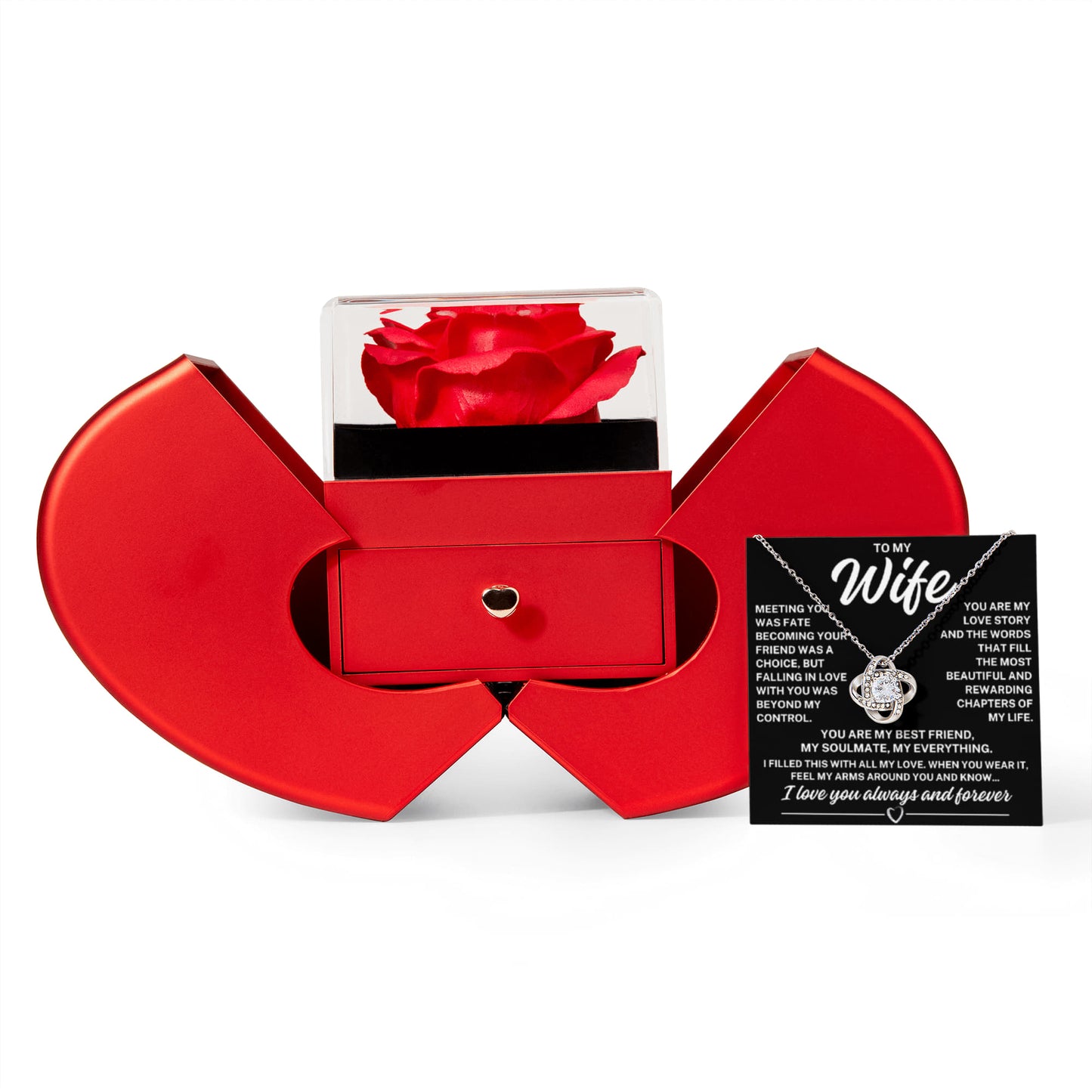 To My Wife "Meeting you was fate..." Love Knot Necklace With Open Heart & Rose Luxury Box