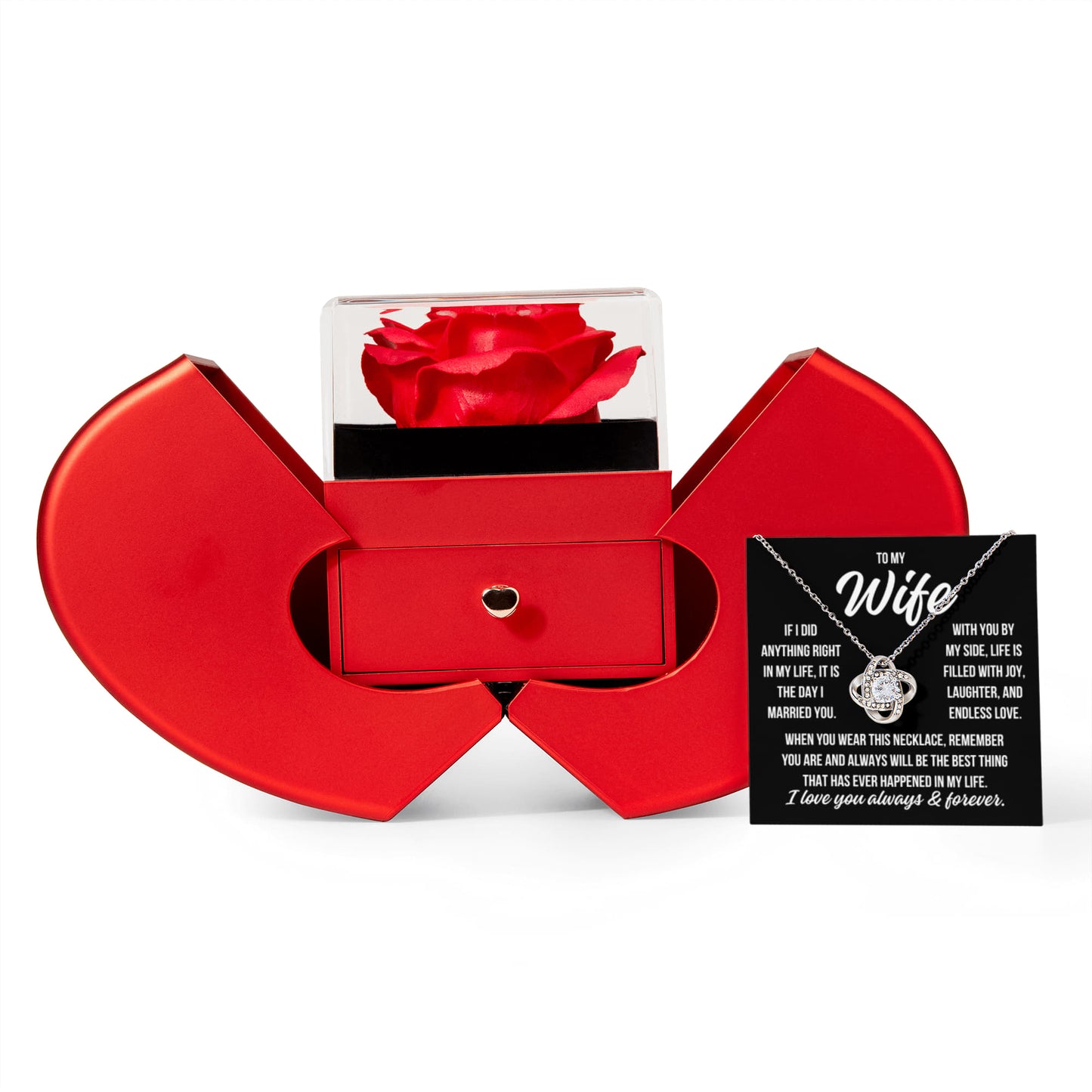 To My Wife "If I did anything right..." Love Knot Necklace With Open Heart & Rose Luxury Box