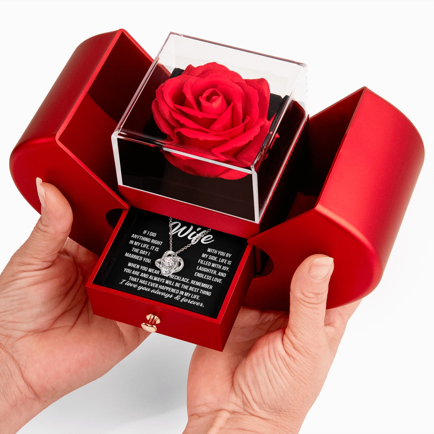 To My Wife "If I did anything right..." Love Knot Necklace With Open Heart & Rose Luxury Box