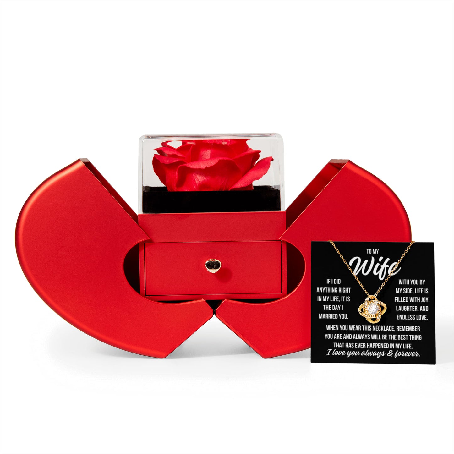To My Wife "If I did anything right..." Love Knot Necklace With Open Heart & Rose Luxury Box