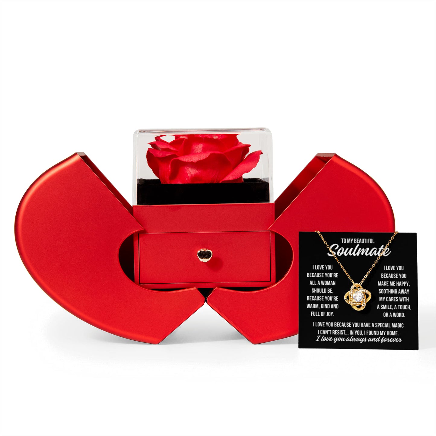 To My Soulmate "I love you because..." Love Knot Necklace With Open Heart & Rose Luxury Box