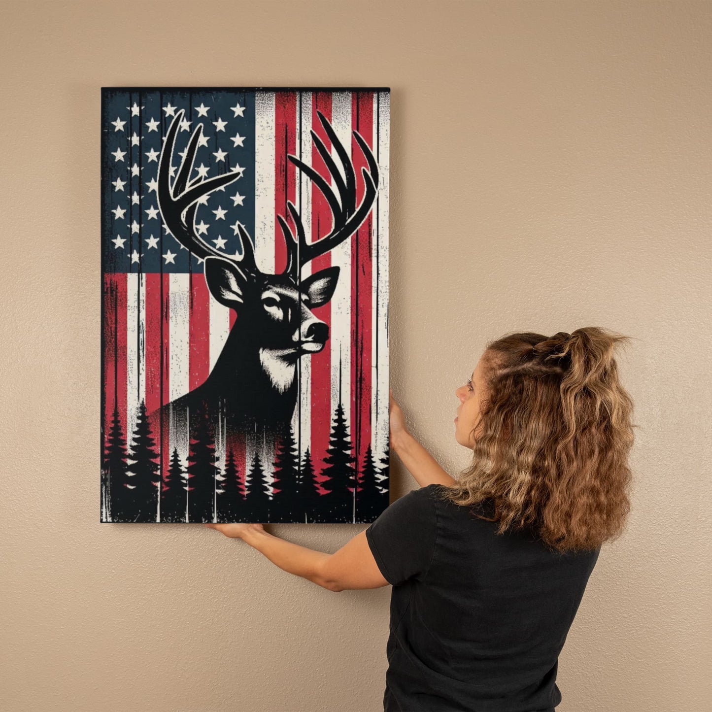 Proud American Deer Hunter, Man Cave, Workshop, Rustic Art Premium Wrapped Canvas