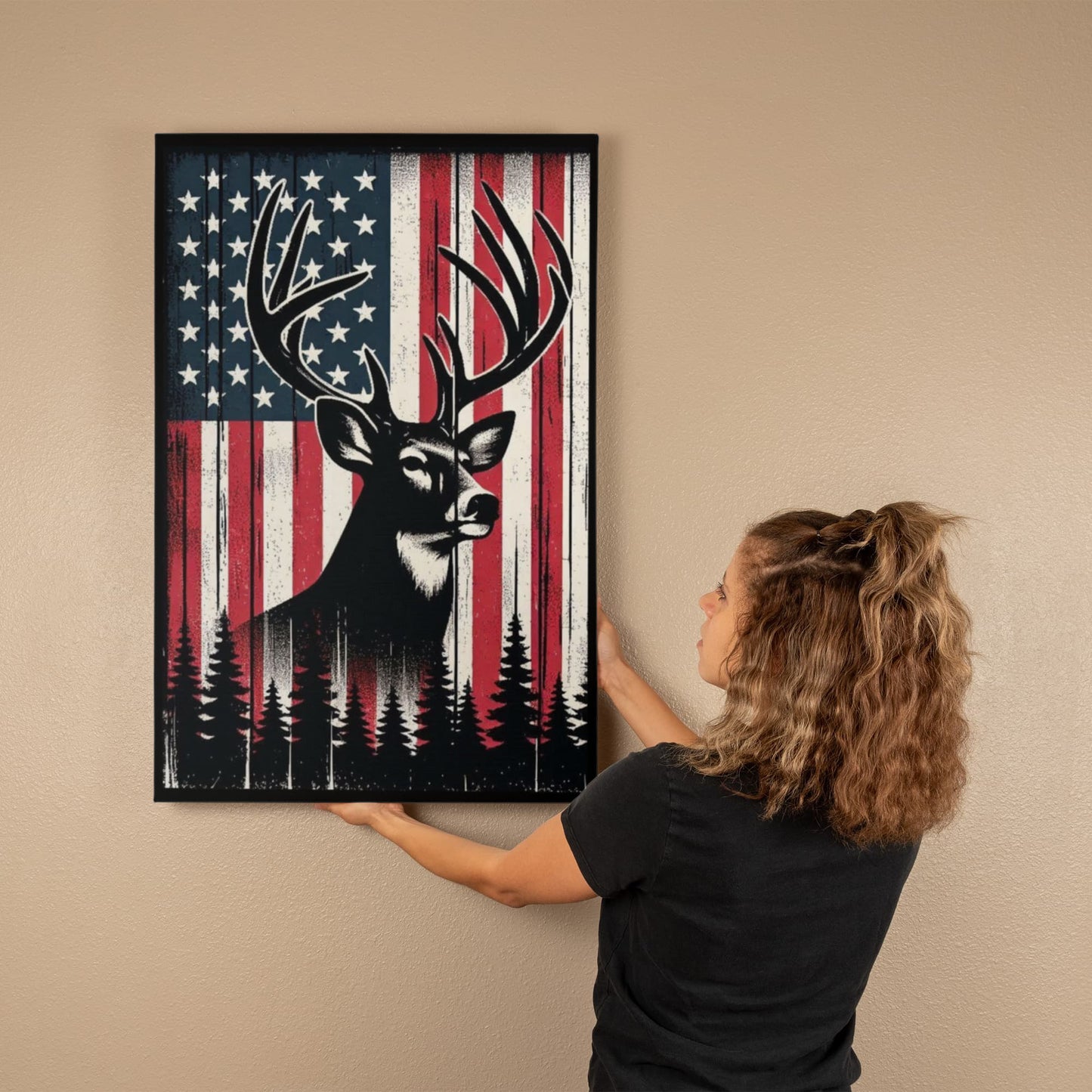 Proud American Deer Hunter, Man Cave, Workshop, Rustic Art Premium Wrapped Canvas