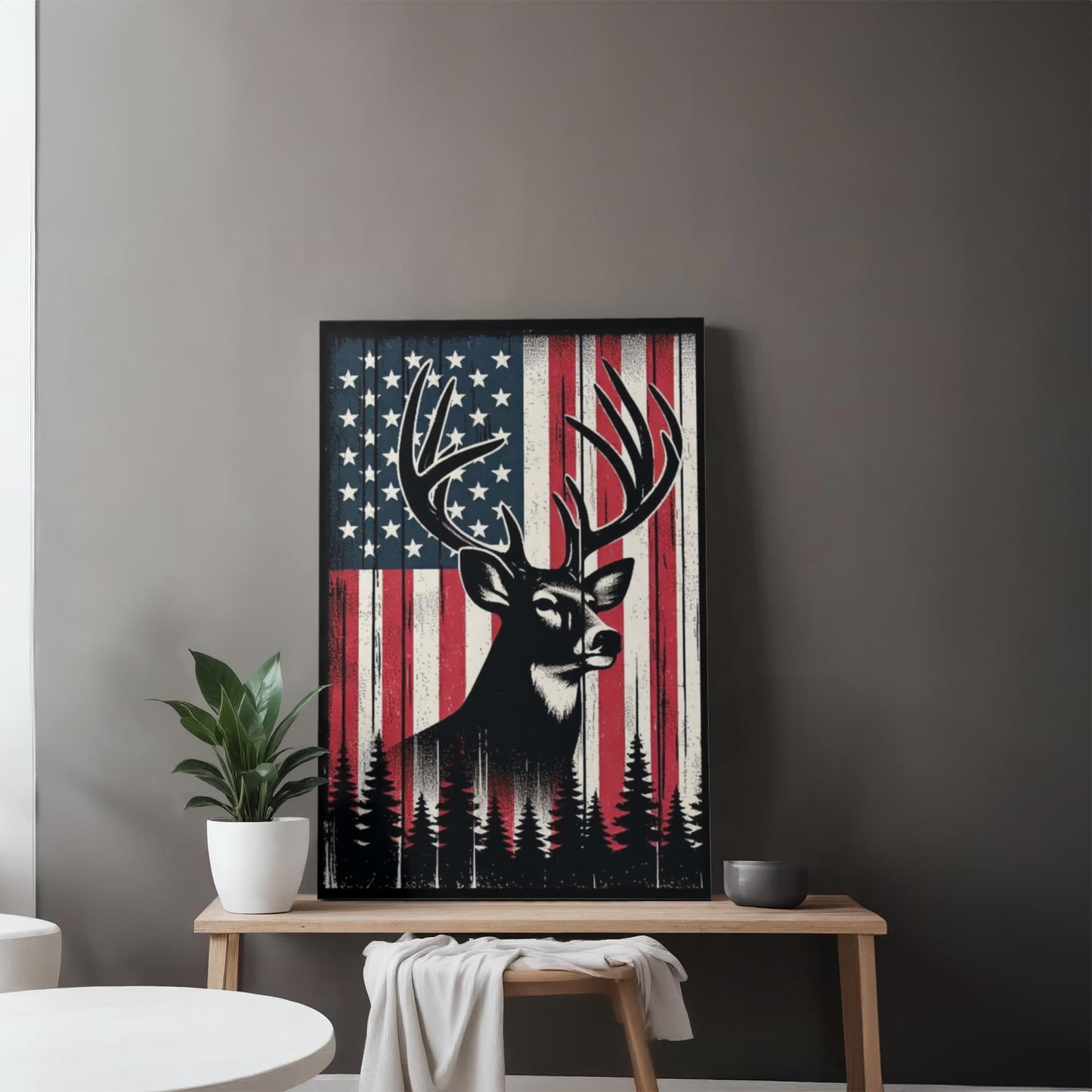 Proud American Deer Hunter, Man Cave, Workshop, Rustic Art Premium Wrapped Canvas
