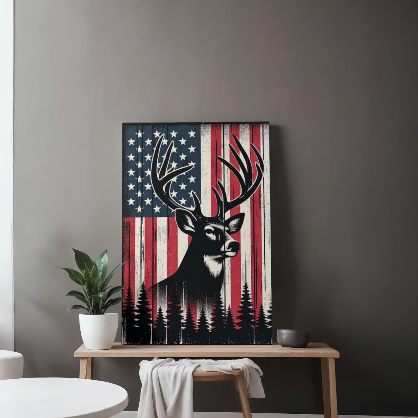 Proud American Deer Hunter, Man Cave, Workshop, Rustic Art Premium Wrapped Canvas