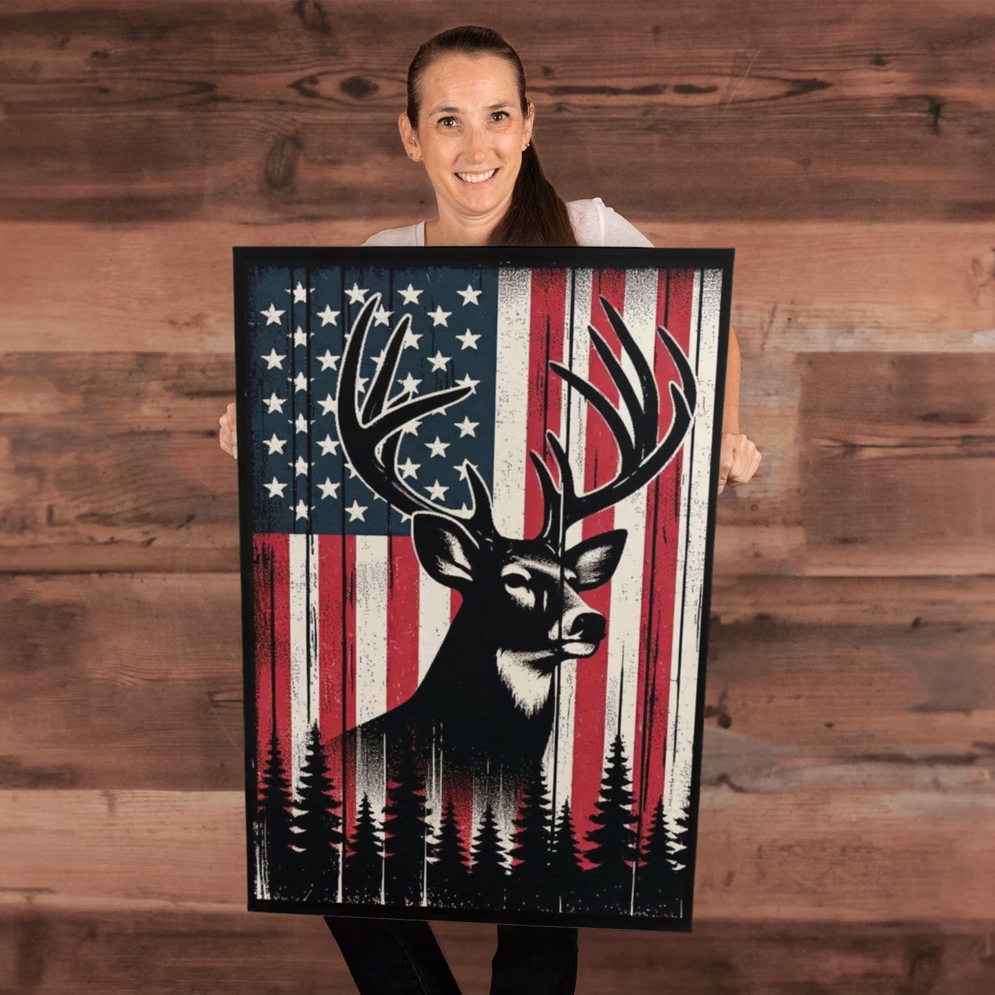 Proud American Deer Hunter, Man Cave, Workshop, Rustic Art Premium Wrapped Canvas