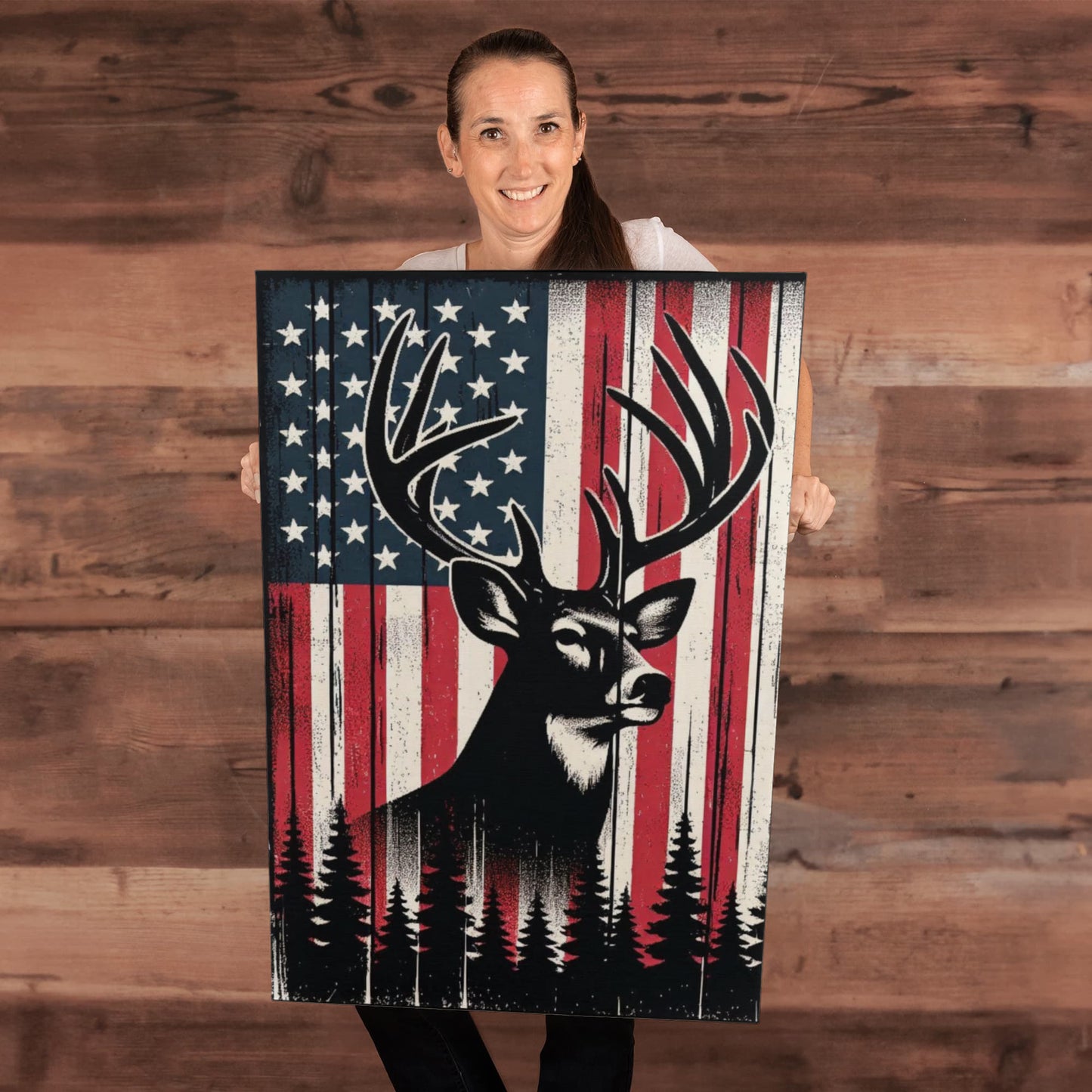 Proud American Deer Hunter, Man Cave, Workshop, Rustic Art Premium Wrapped Canvas
