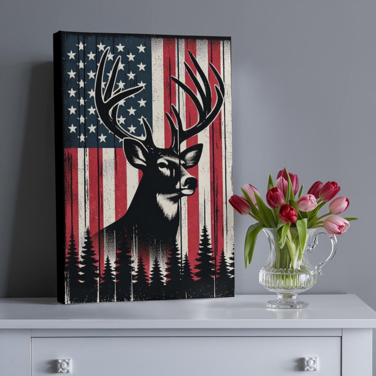 Proud American Deer Hunter, Man Cave, Workshop, Rustic Art Premium Wrapped Canvas