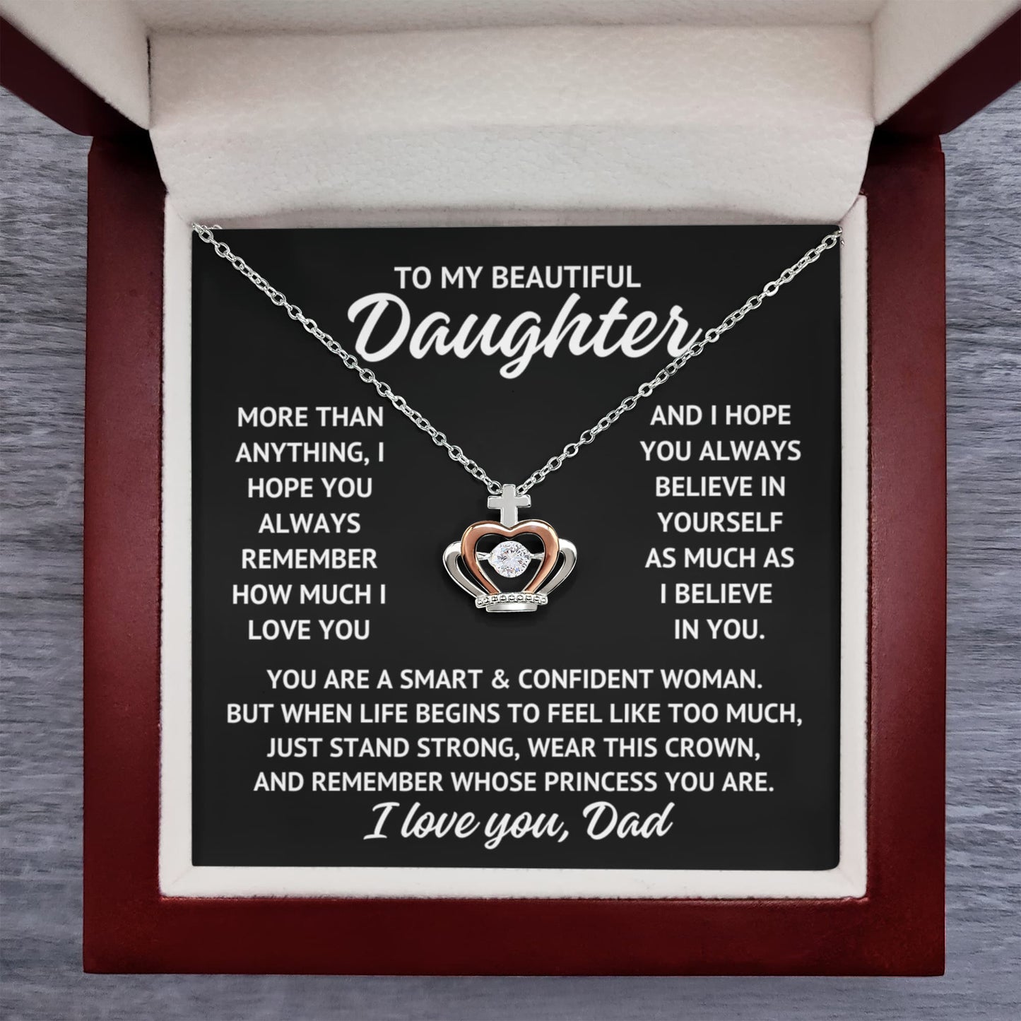 To My Beautiful Daughter "Princess..." Rose Gold and Sterling Silver .925 Crown Necklace With Lighted Luxury Box
