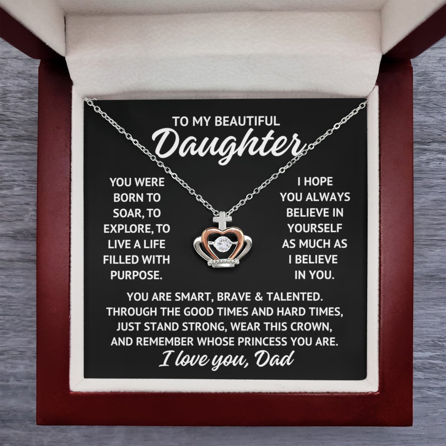 To My Beautiful Daughter "Princess..." Rose Gold and Sterling Silver .925 Crown Necklace With Lighted Luxury Box