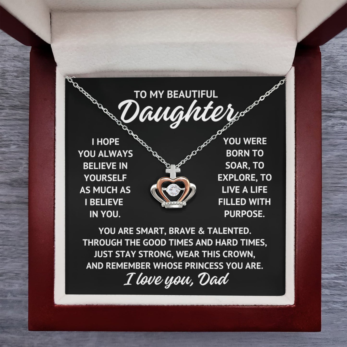 To My Beautiful Daughter "Princess..." Rose Gold and Sterling Silver .925 Crown Necklace With Lighted Luxury Box