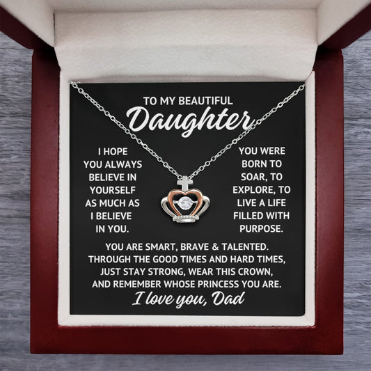To My Beautiful Daughter "Princess..." Rose Gold and Sterling Silver .925 Crown Necklace With Lighted Luxury Box