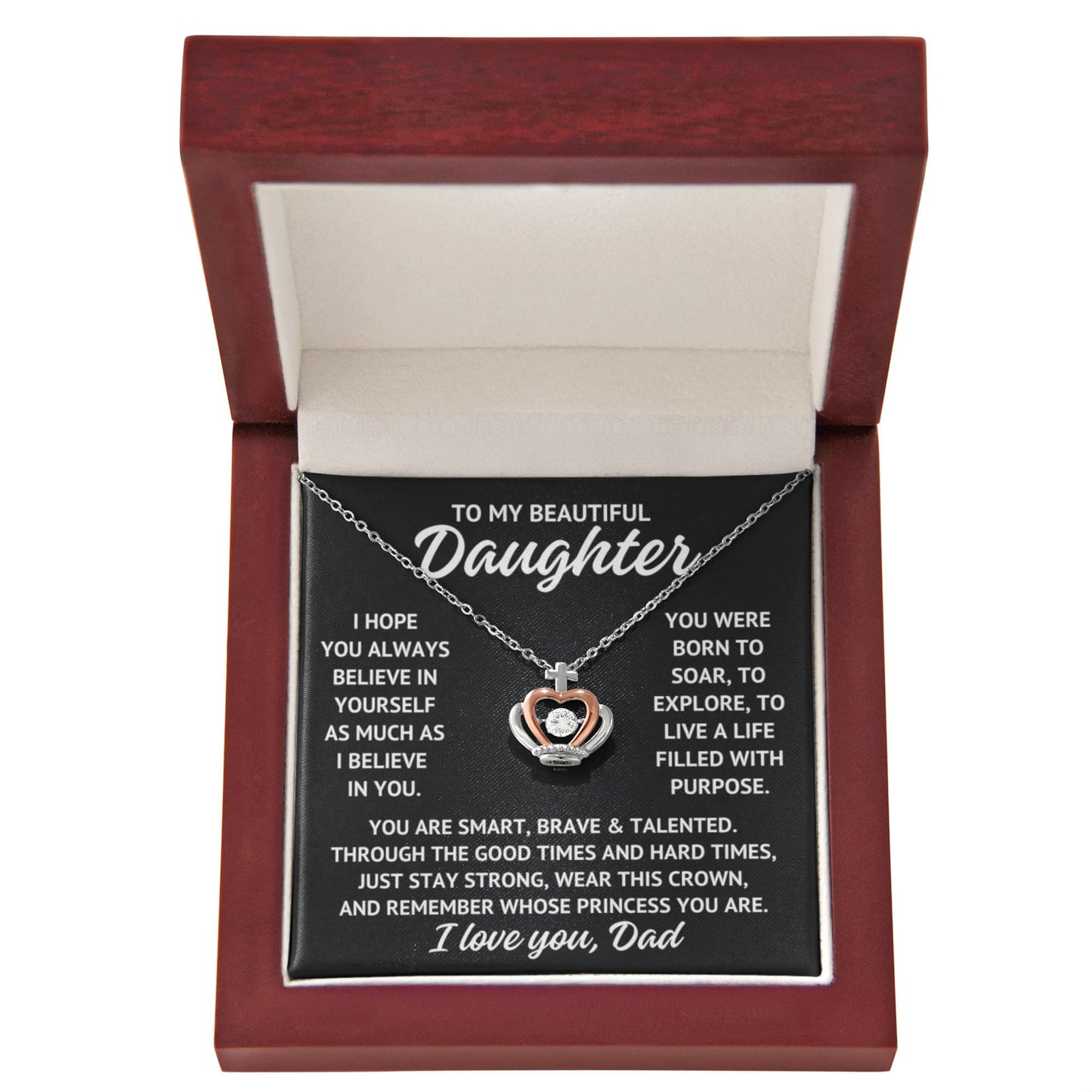 To My Beautiful Daughter "Princess..." Rose Gold and Sterling Silver .925 Crown Necklace With Lighted Luxury Box