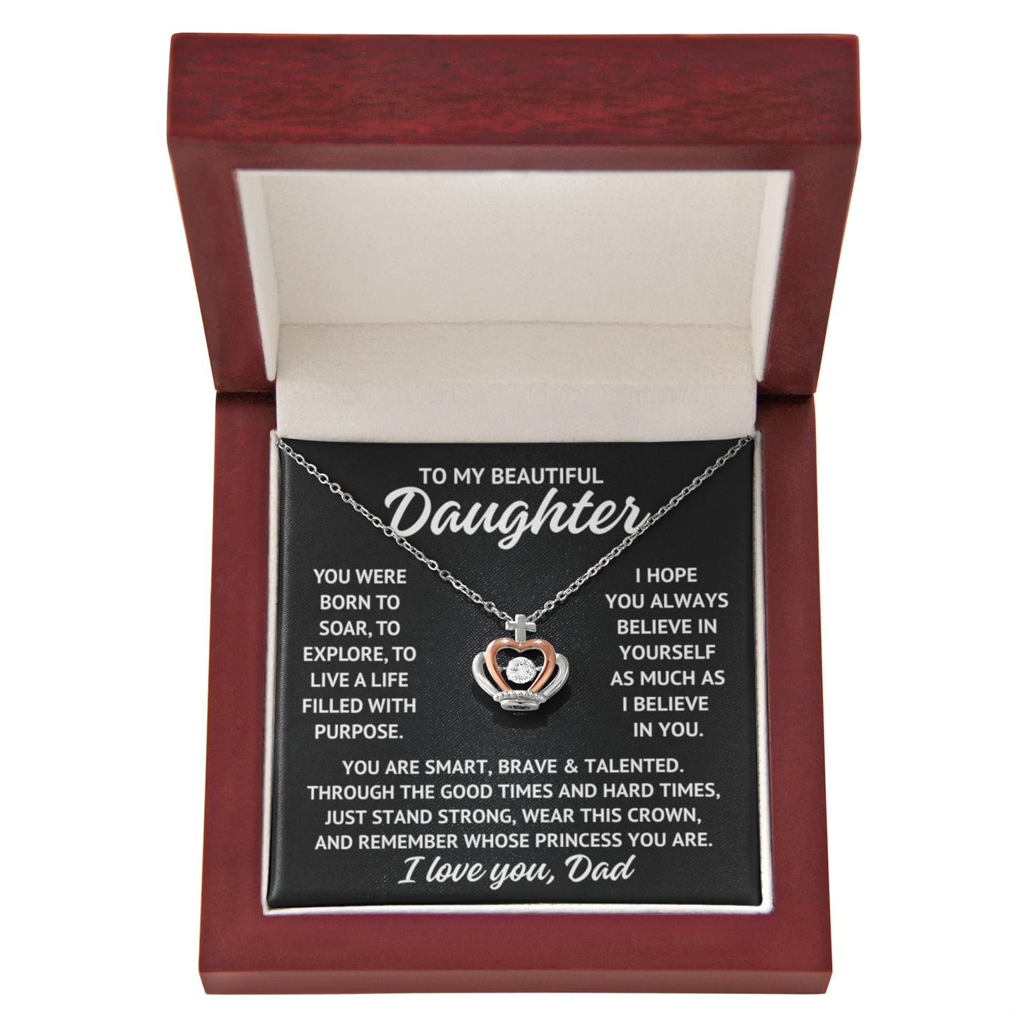 To My Beautiful Daughter "Princess..." Rose Gold and Sterling Silver .925 Crown Necklace With Lighted Luxury Box