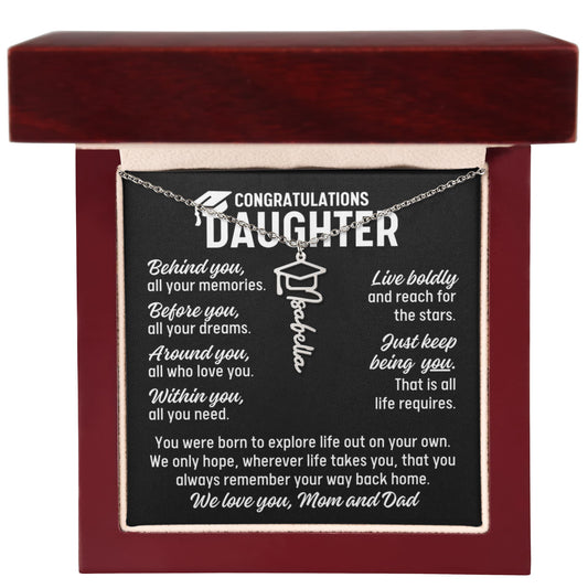 To Daughter From Mom and Dad Graduation Cap Personalized Name Necklace