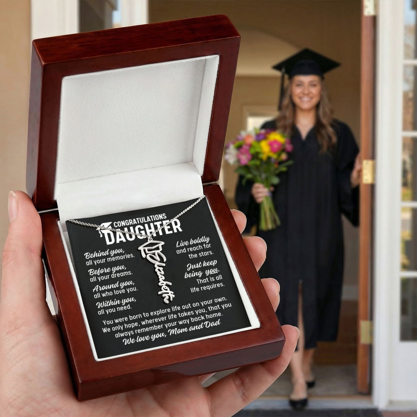 To Daughter From Mom and Dad Graduation Cap Personalized Name Necklace