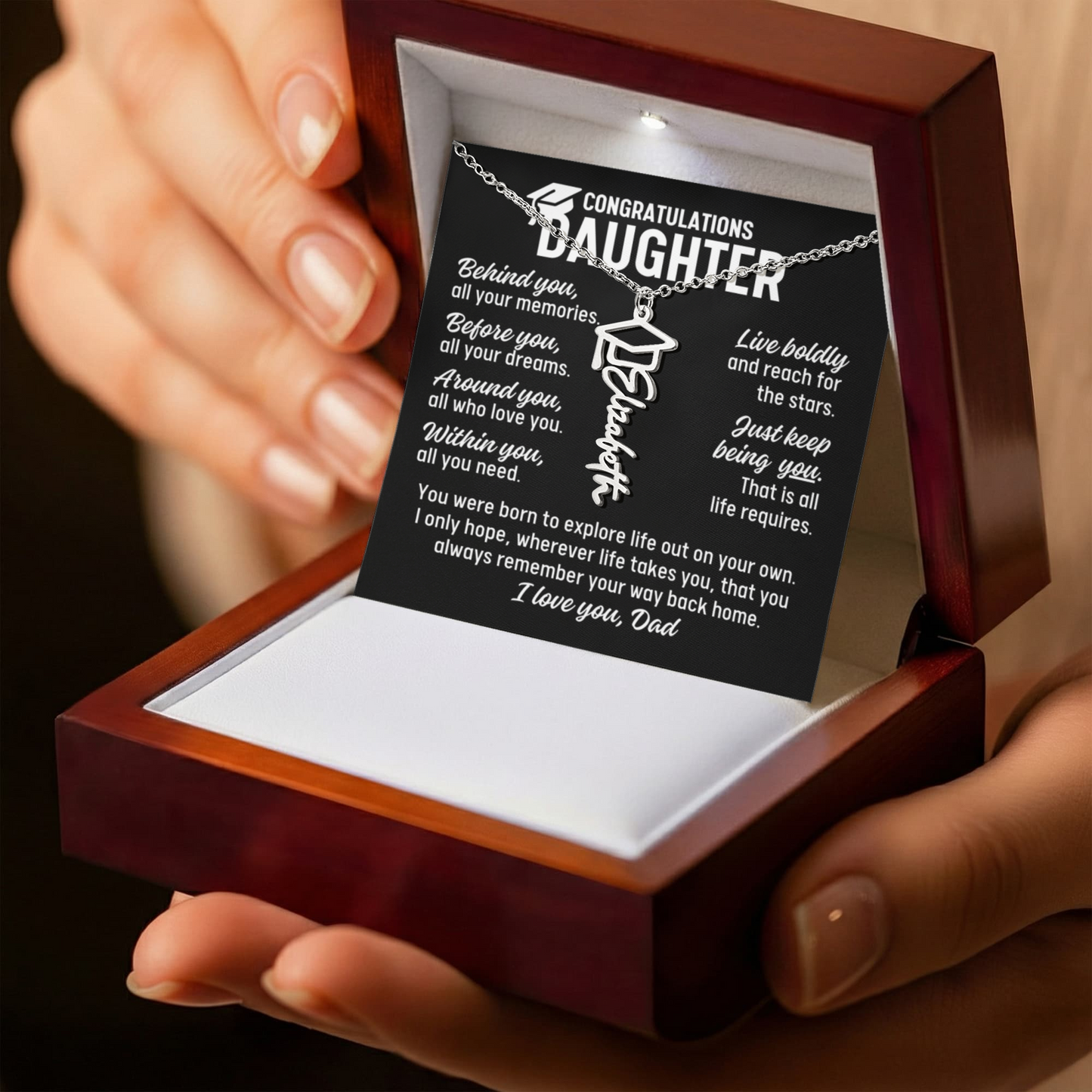 To Daughter From Dad Graduation Cap Personalized Name Necklace