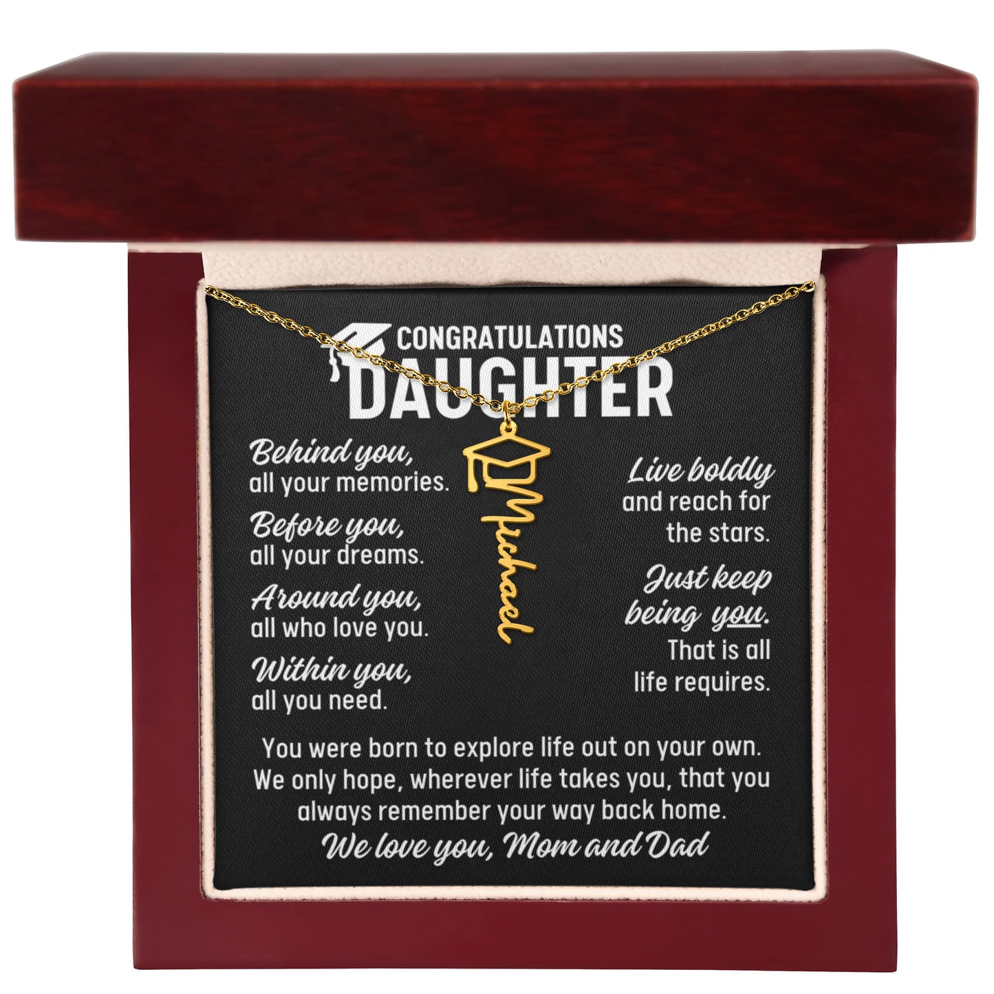 To Daughter From Mom and Dad Graduation Cap Personalized Name Necklace