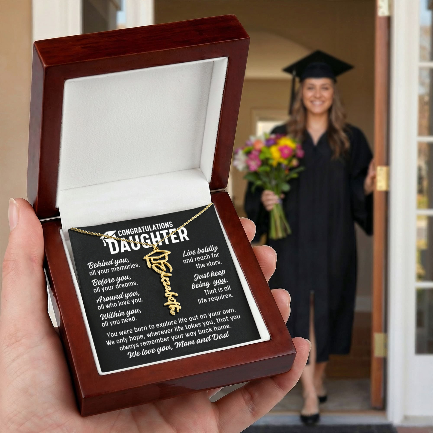 To Daughter From Mom and Dad Graduation Cap Personalized Name Necklace