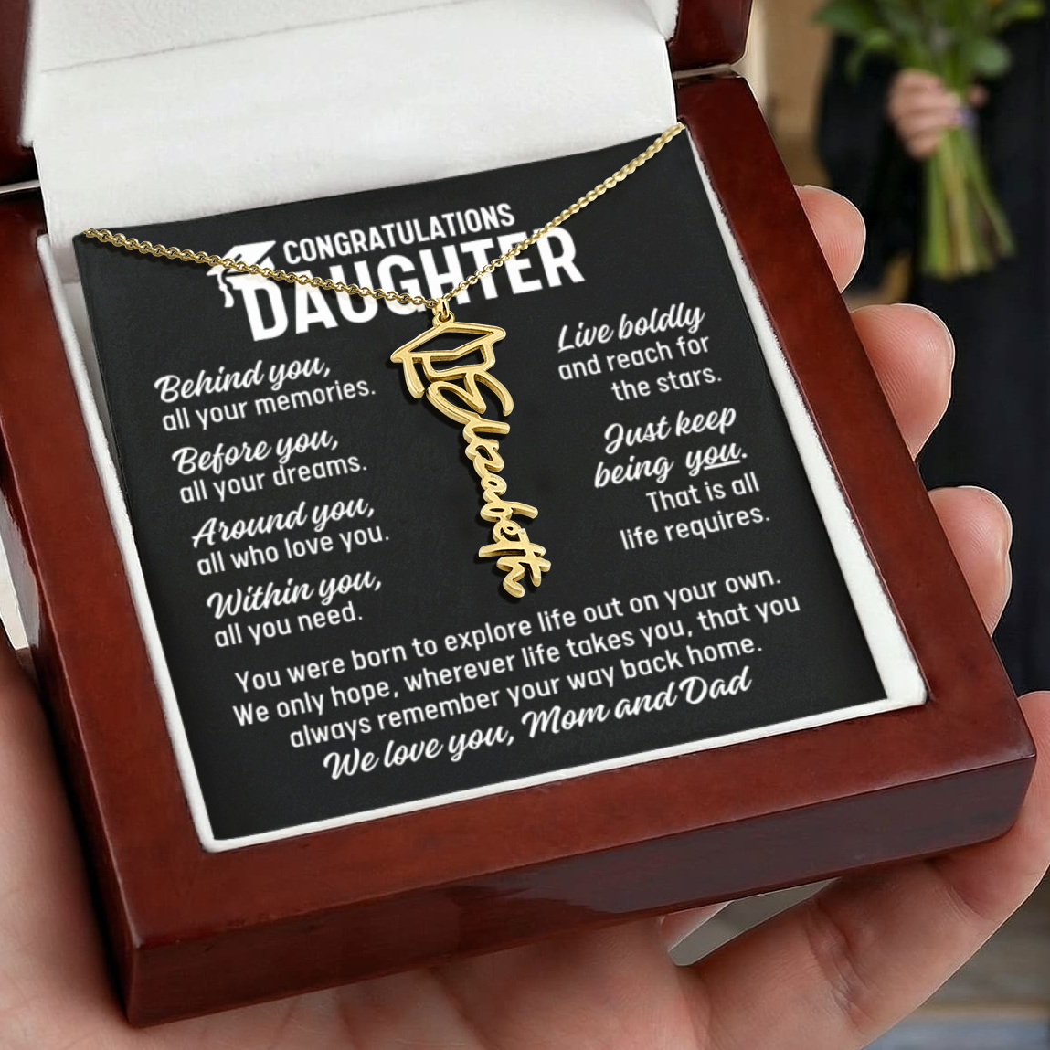 To Daughter From Mom and Dad Graduation Cap Personalized Name Necklace