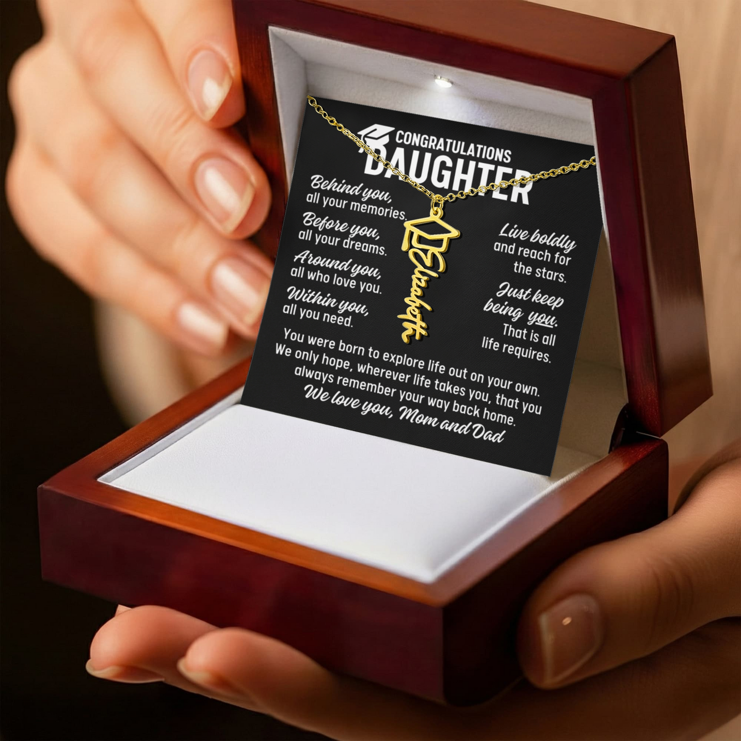 To Daughter From Mom and Dad Graduation Cap Personalized Name Necklace