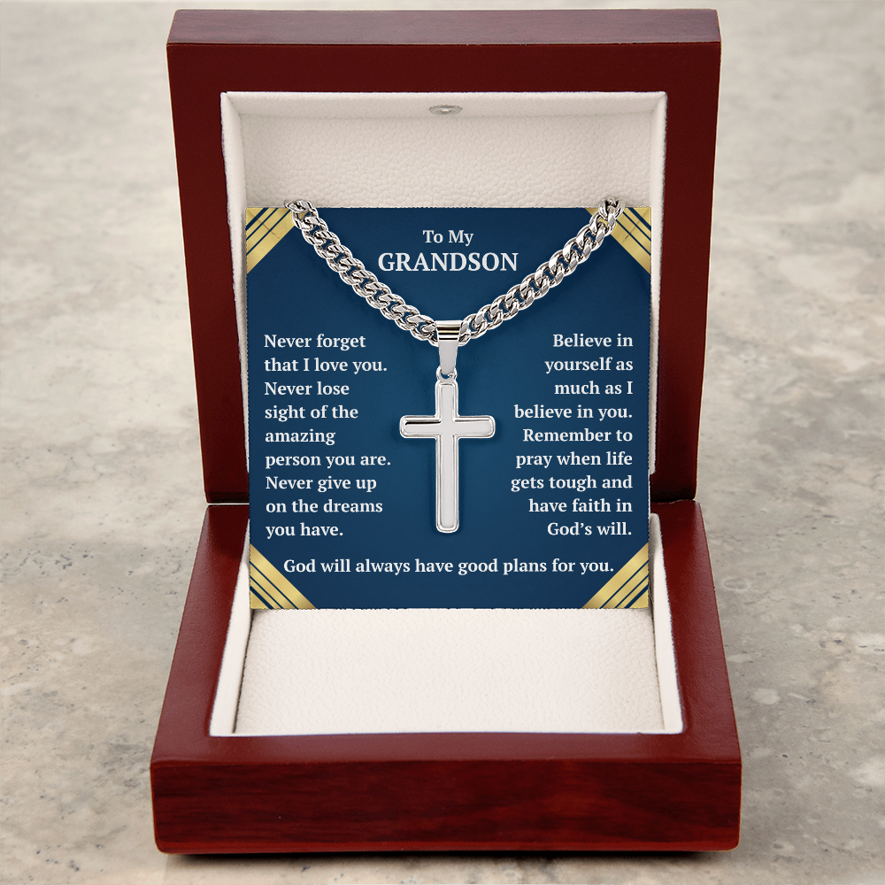 To My Grandson "Never Forget..." Artisan Cross on Cuban Link Chain