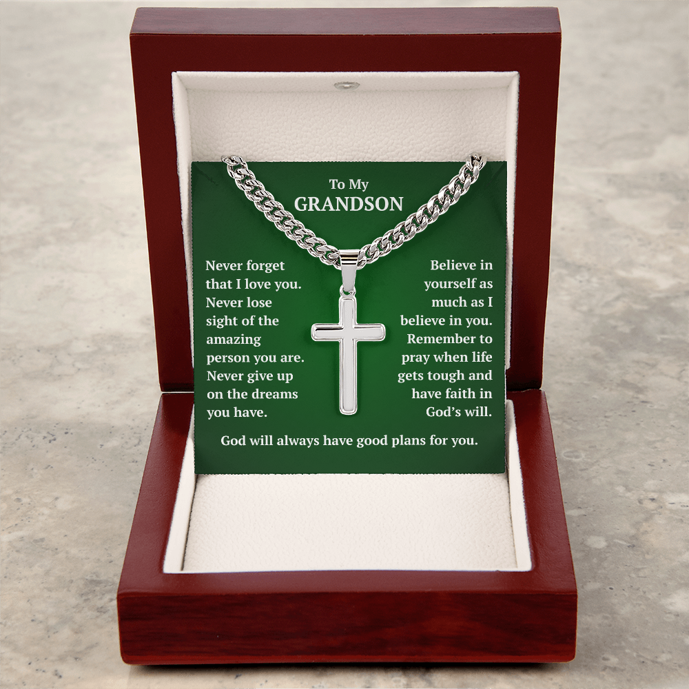 To My Grandson "Never Forget..." Artisan Cross on Cuban Link Chain