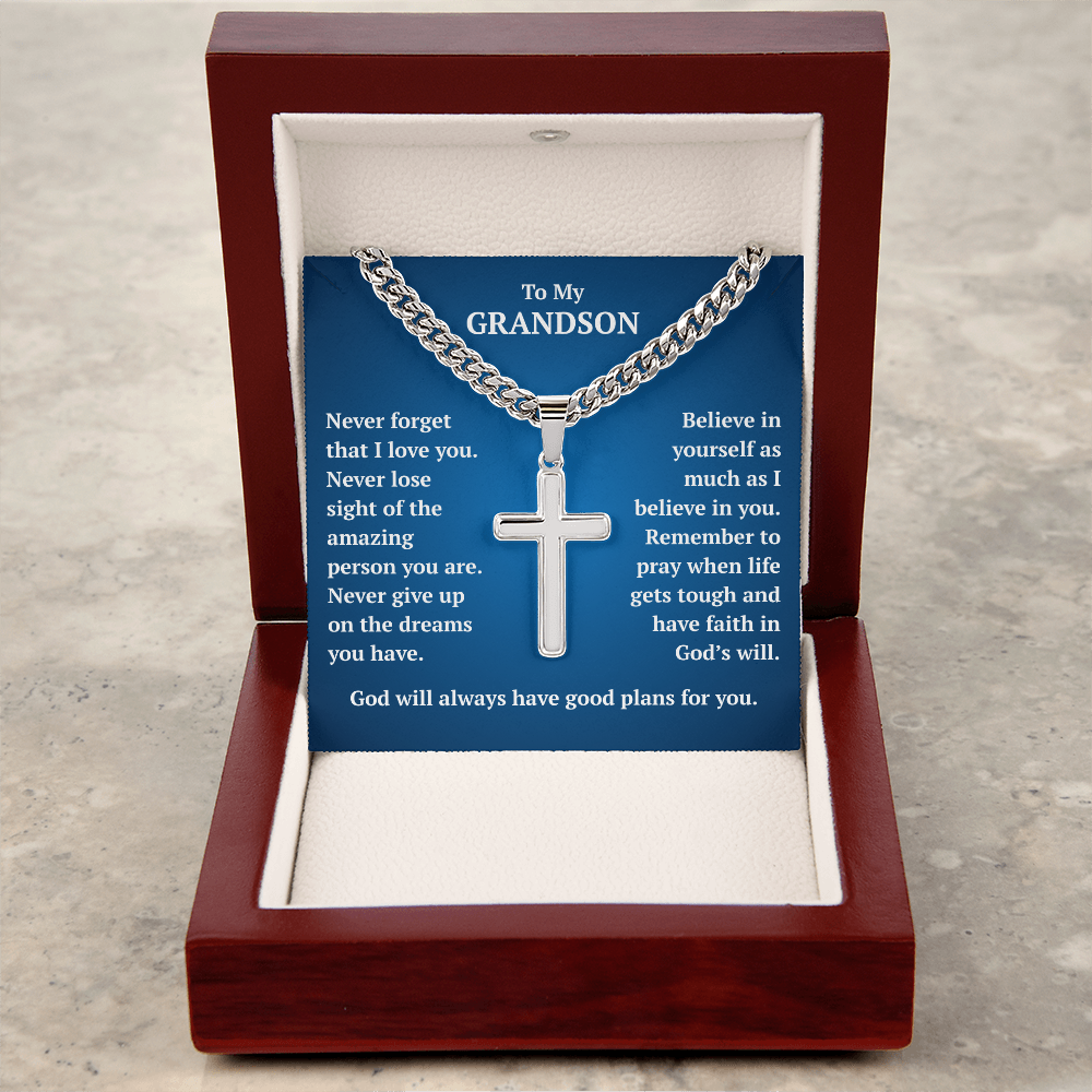 To My Grandson "Never Forget..." Artisan Cross on Cuban Link Chain