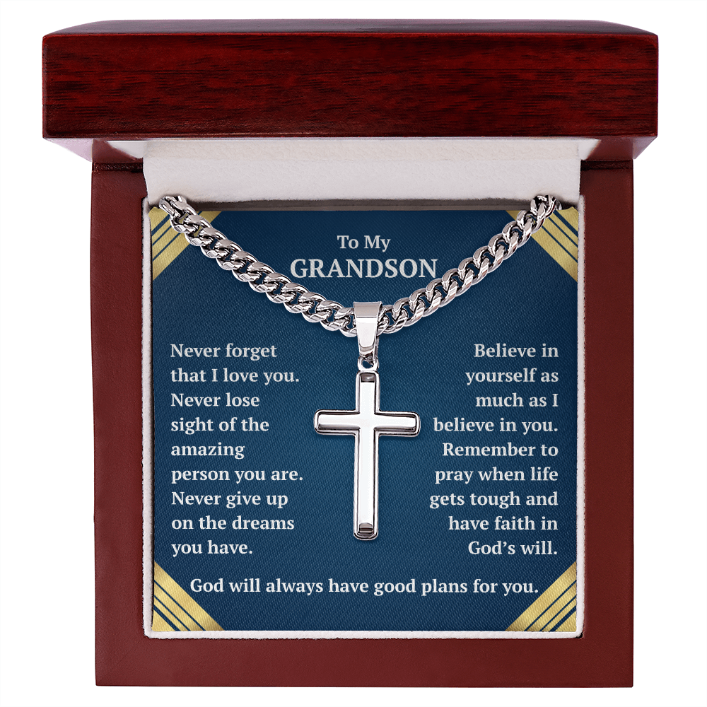 To My Grandson "Never Forget..." Artisan Cross on Cuban Link Chain