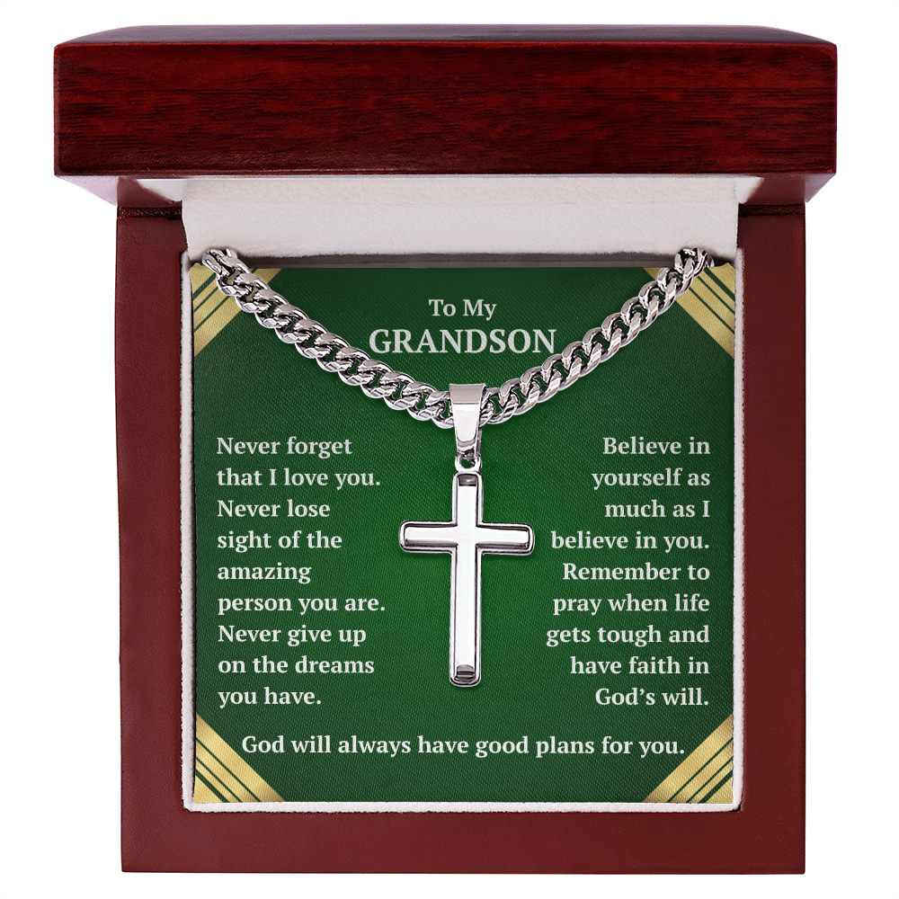 To My Grandson "Never Forget..." Artisan Cross on Cuban Link Chain