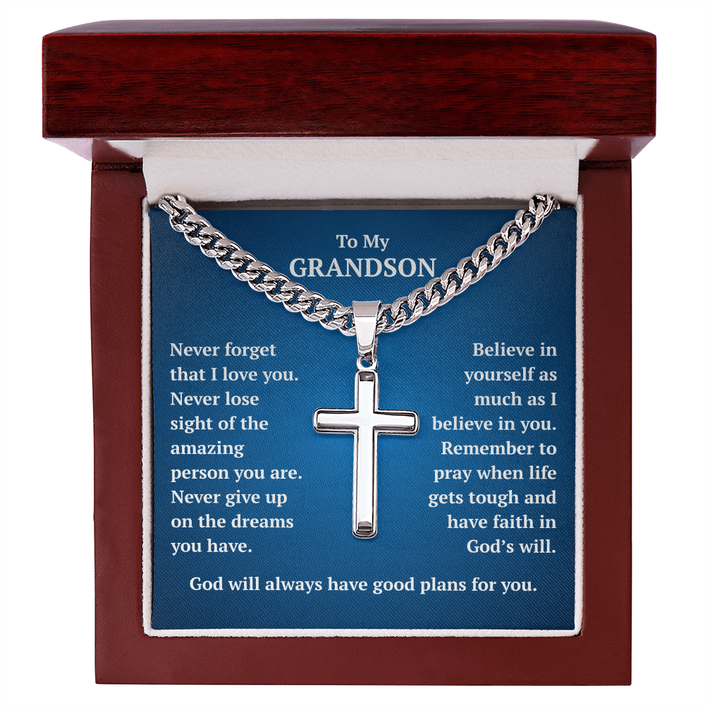 To My Grandson "Never Forget..." Artisan Cross on Cuban Link Chain