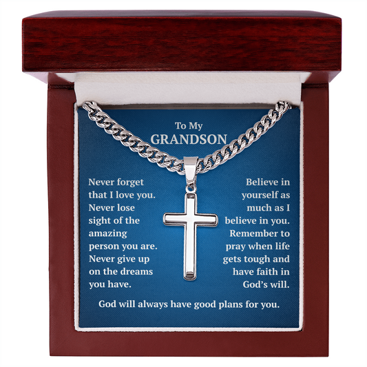 To My Grandson "Never Forget..." Artisan Cross on Cuban Link Chain