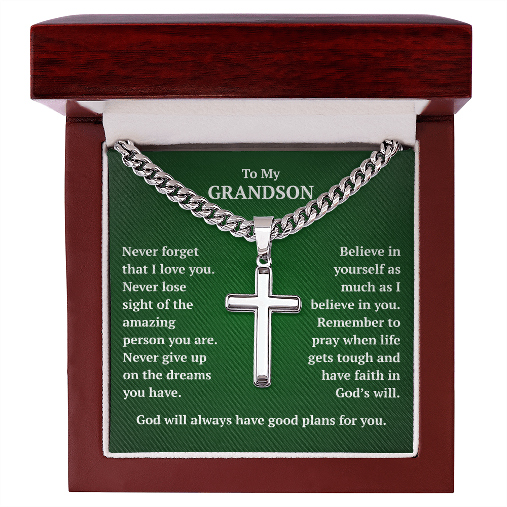 To My Grandson "Never Forget..." Artisan Cross on Cuban Link Chain