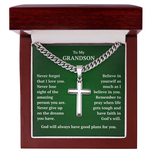 To My Grandson "Never Forget..." Artisan Cross on Cuban Link Chain