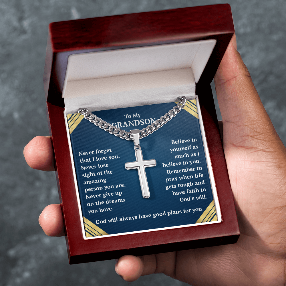 To My Grandson "Never Forget..." Artisan Cross on Cuban Link Chain
