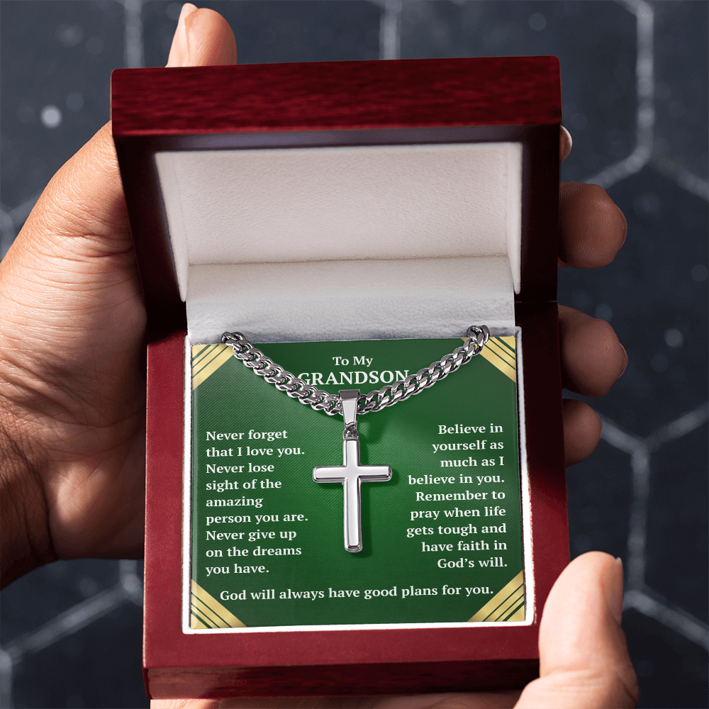 To My Grandson "Never Forget..." Artisan Cross on Cuban Link Chain