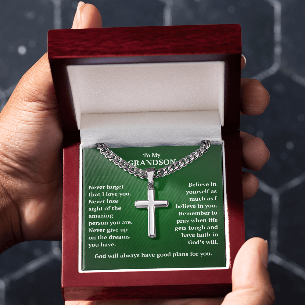 To My Grandson "Never Forget..." Artisan Cross on Cuban Link Chain
