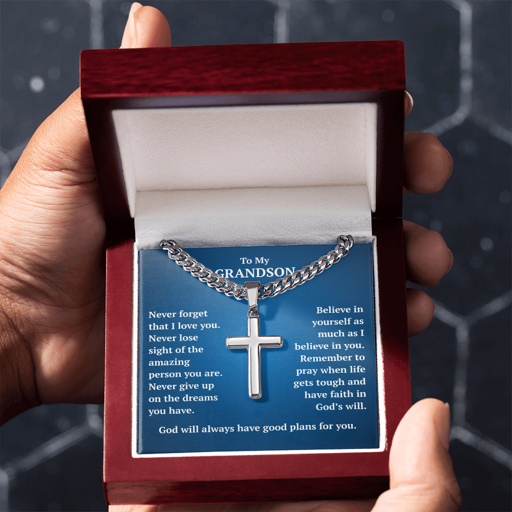 To My Grandson "Never Forget..." Artisan Cross on Cuban Link Chain