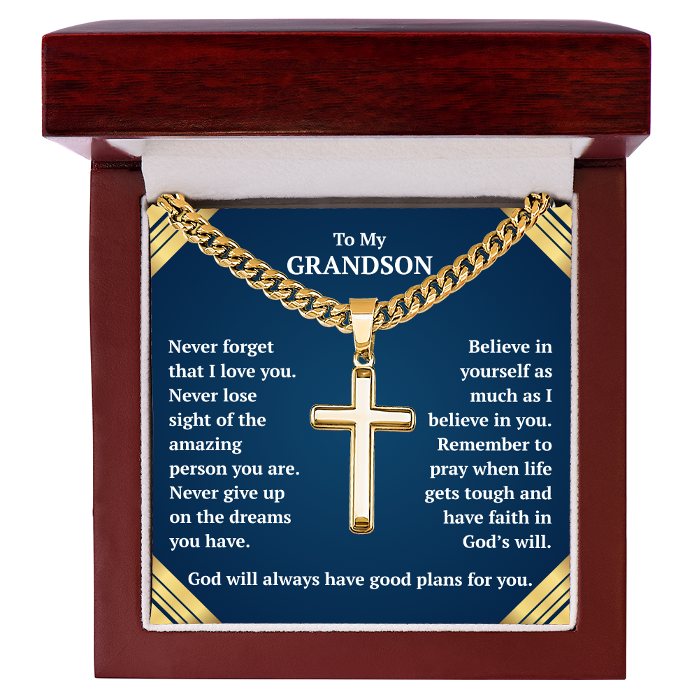 To My Grandson "Never Forget..." Artisan Cross on Cuban Link Chain