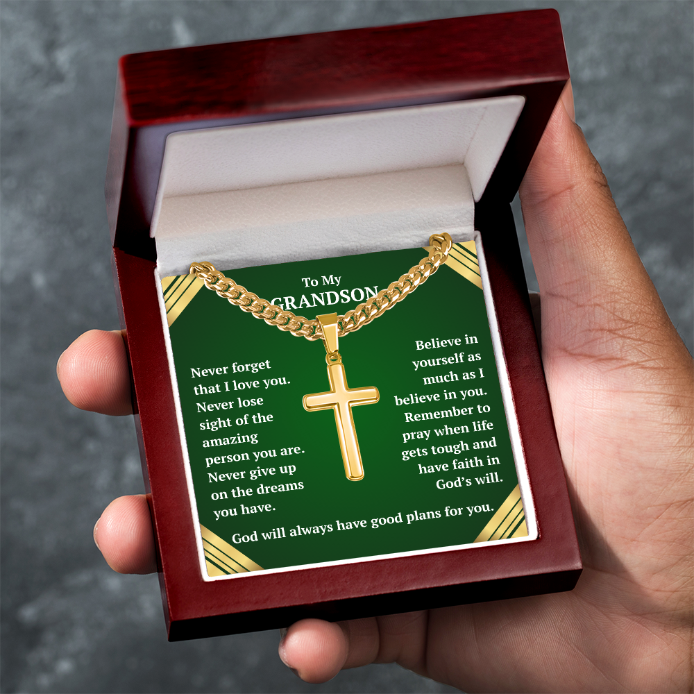 To My Grandson "Never Forget..." Artisan Cross on Cuban Link Chain